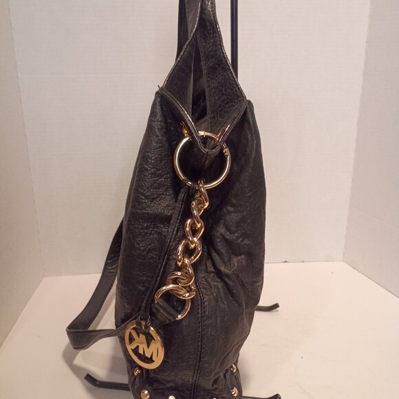 MK MICHAEL KORS Astor Uptown Black Textured Leather Bag Gold Studs Chunky Chain - Picture 6 of 15